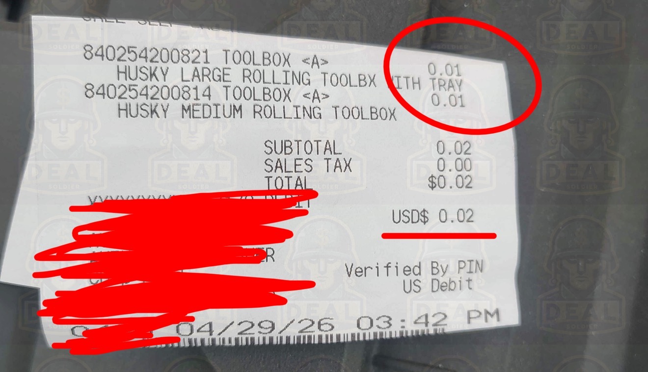 Receipt close-up showing two Husky rolling toolboxes at $0.01 each, $0.02 total, paid by US debit.