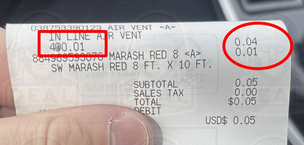 Receipt close-up showing four in-line air vents and a Marash Red 8x10 rug at $0.01 each, $0.05 total.
