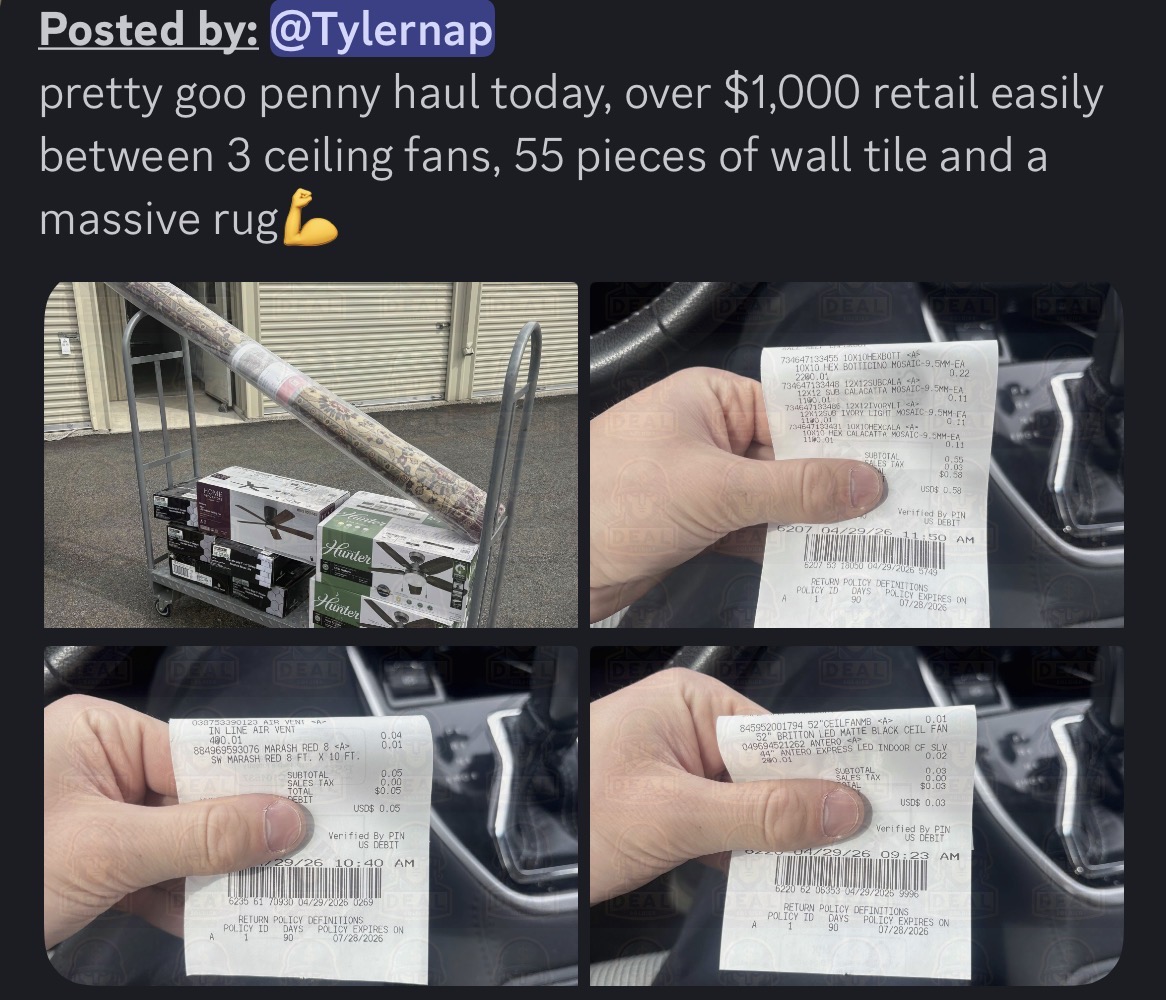 Four-part collage of the loaded cart and three separate penny receipts.