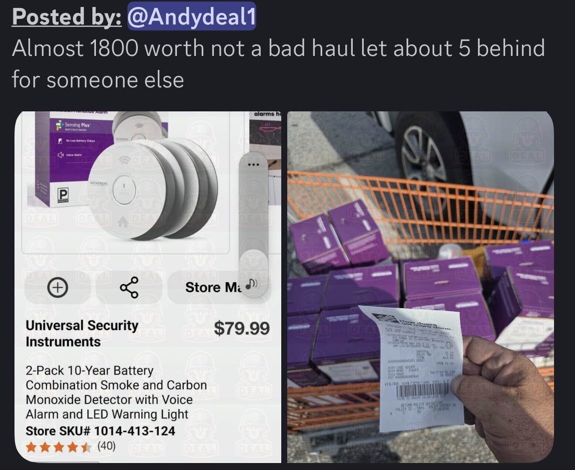 Andydeal1’s post showing the Home Depot app at $79.99 retail next to a cart full of detector two-packs.